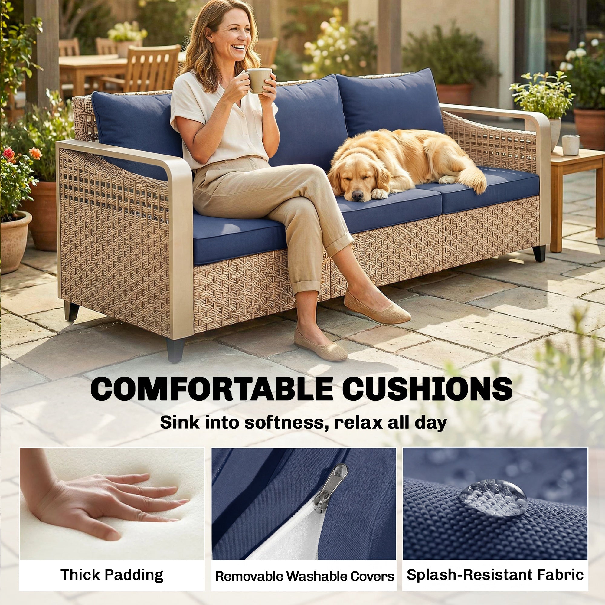Rattan Wicker Sofa 3-Seater Outdoor Patio Sofa with Cushions for Garden Backyard Porch