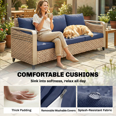 Rattan Wicker Sofa 3-Seater Outdoor Patio Sofa with Cushions for Garden Backyard Porch