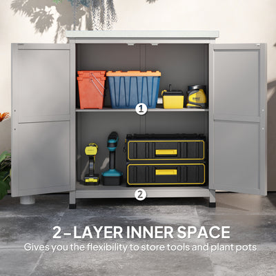 Wooden Storage Cabinet, Outdoor Prep Table with Metal Tabletop, Shelves and Double Doors for Patio, Garden