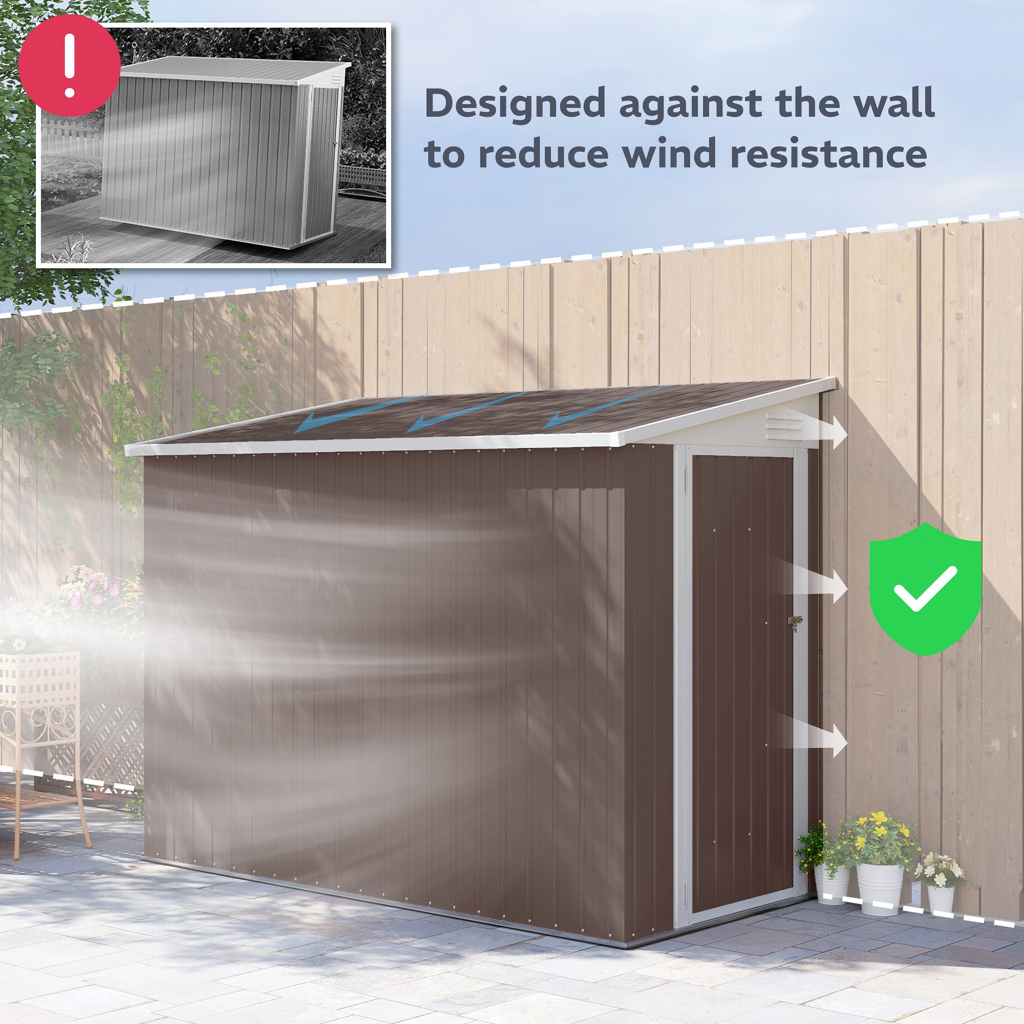4' x 7.7' Lean to Garden Storage Shed, Outdoor Metal Tool House with Lockable Door Vents for Backyard Patio Lawn
