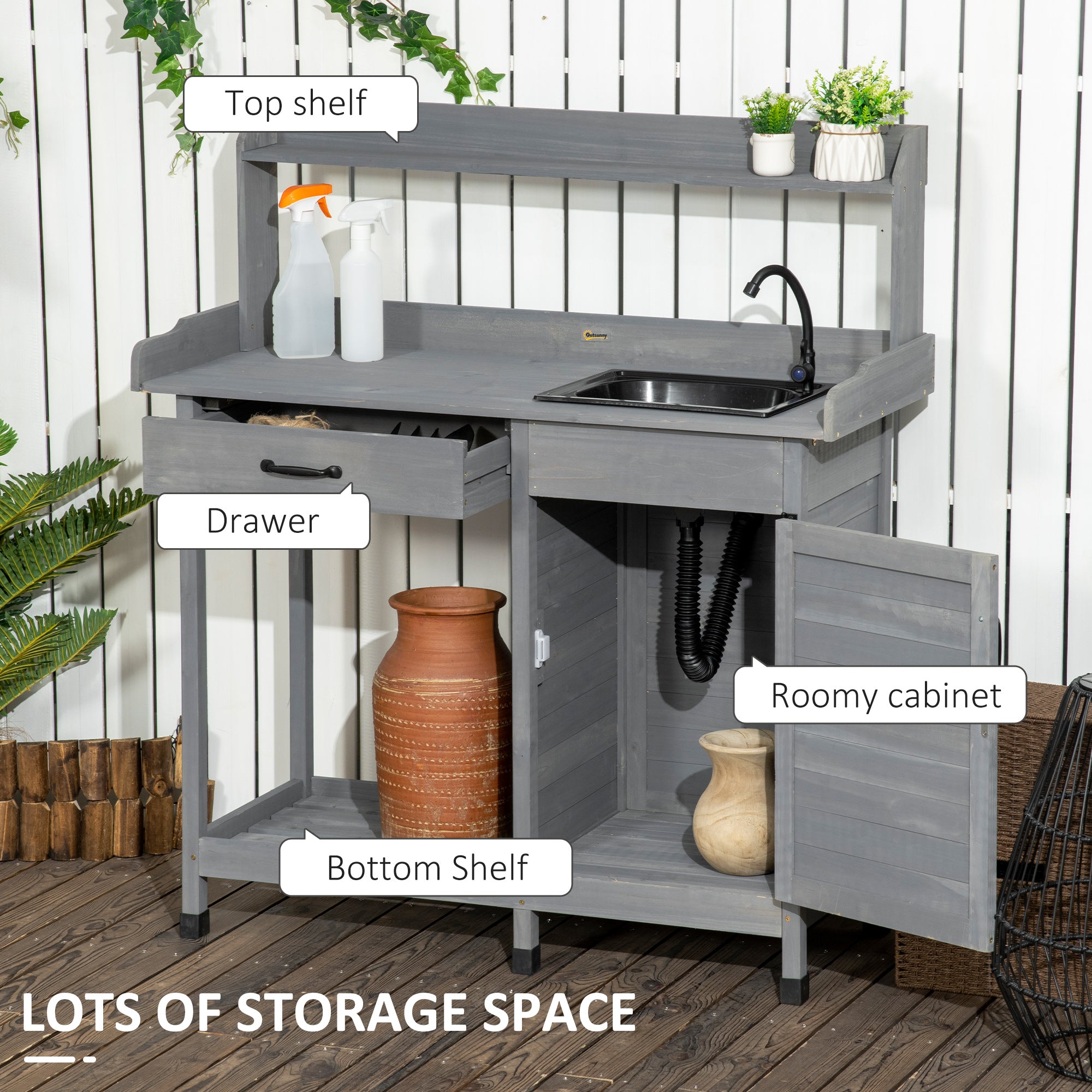 Potting Bench Table with Removable Sink, Outdoor Work Bench Table with Storage Cabinet, Hooks, Faucet and Drawer for Greenhouse, Garden, Patio