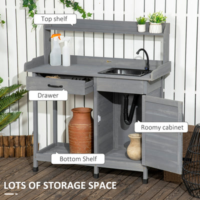 Potting Bench Table with Removable Sink, Outdoor Work Bench Table with Storage Cabinet, Hooks, Faucet and Drawer for Greenhouse, Garden, Patio