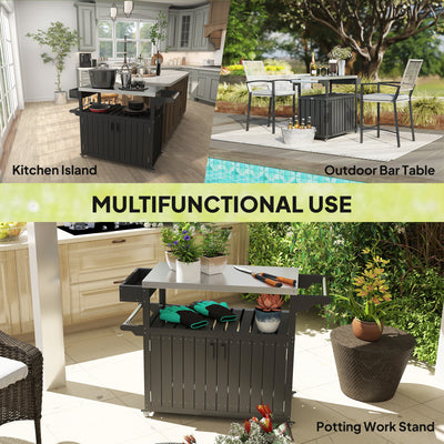 Outdoor Bar Cart with Storage, Stainless Steel Outdoor Bar Table Top, Wheeled HDPE Kitchen Island for Food Prep