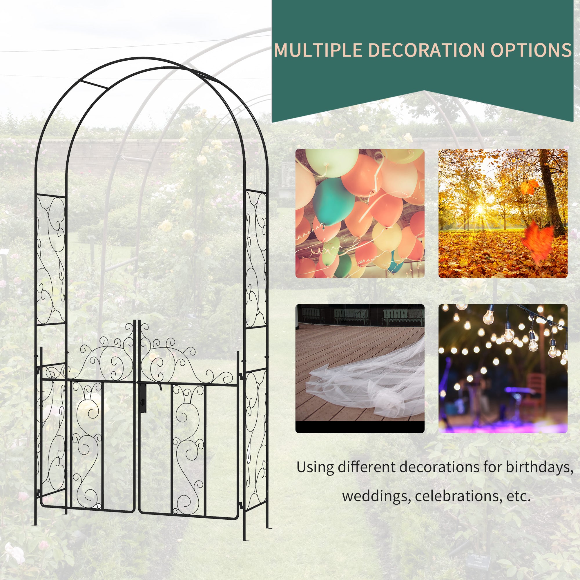 89.25" Metal Garden Arch with Gate, Garden Arbor Trellis for Climbing Plants, Roses, Vines, Wedding Arch, Black