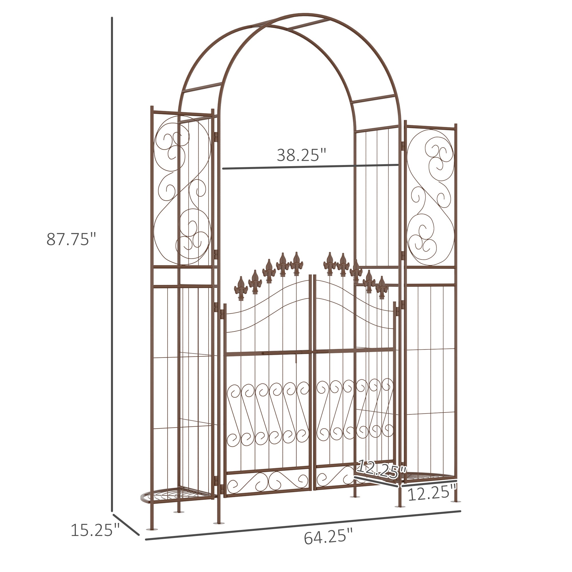 7' Metal Garden Arbor, Garden Arch with Gate, Fleur De Lis Motif, Latching Doors, Planter Shelves for Climbing Vines, Ceremony, Weddings, Party, Garden, Backyard, Lawn, Brown