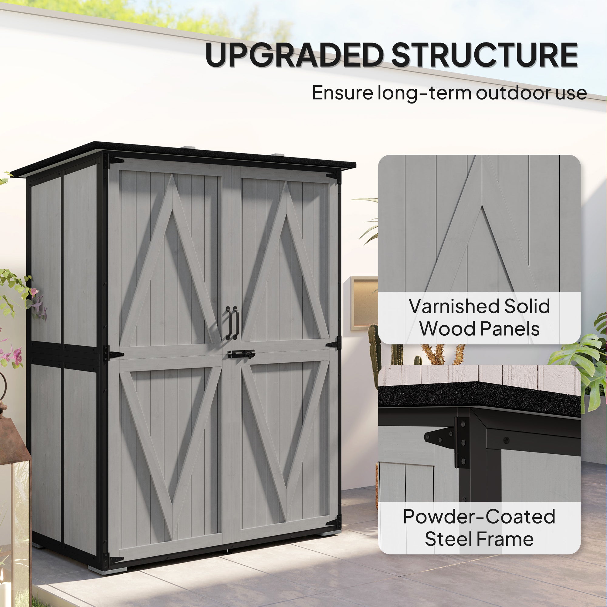 Wood Storage Shed, Outdoor Garden Shed with Asphalt Roof, 2 Shelves, Lockable Doors and Adjustable Feet