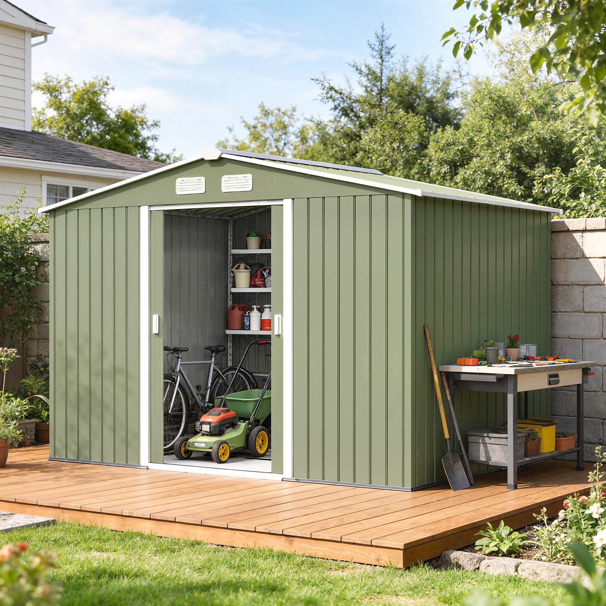 9' x 6' Outdoor Storage Shed, Garden Tool Metal Shed with Foundation Kit, Double Lockable Door, Air Vents and Sloping Roof, for Backyard, Patio, Lawn