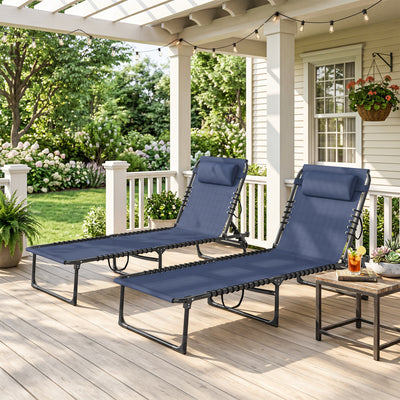 2 Folding Chaise Lounge Pool Chairs with 4-Position Reclining Back, Pillow, Breathable Mesh & Bungee Seat