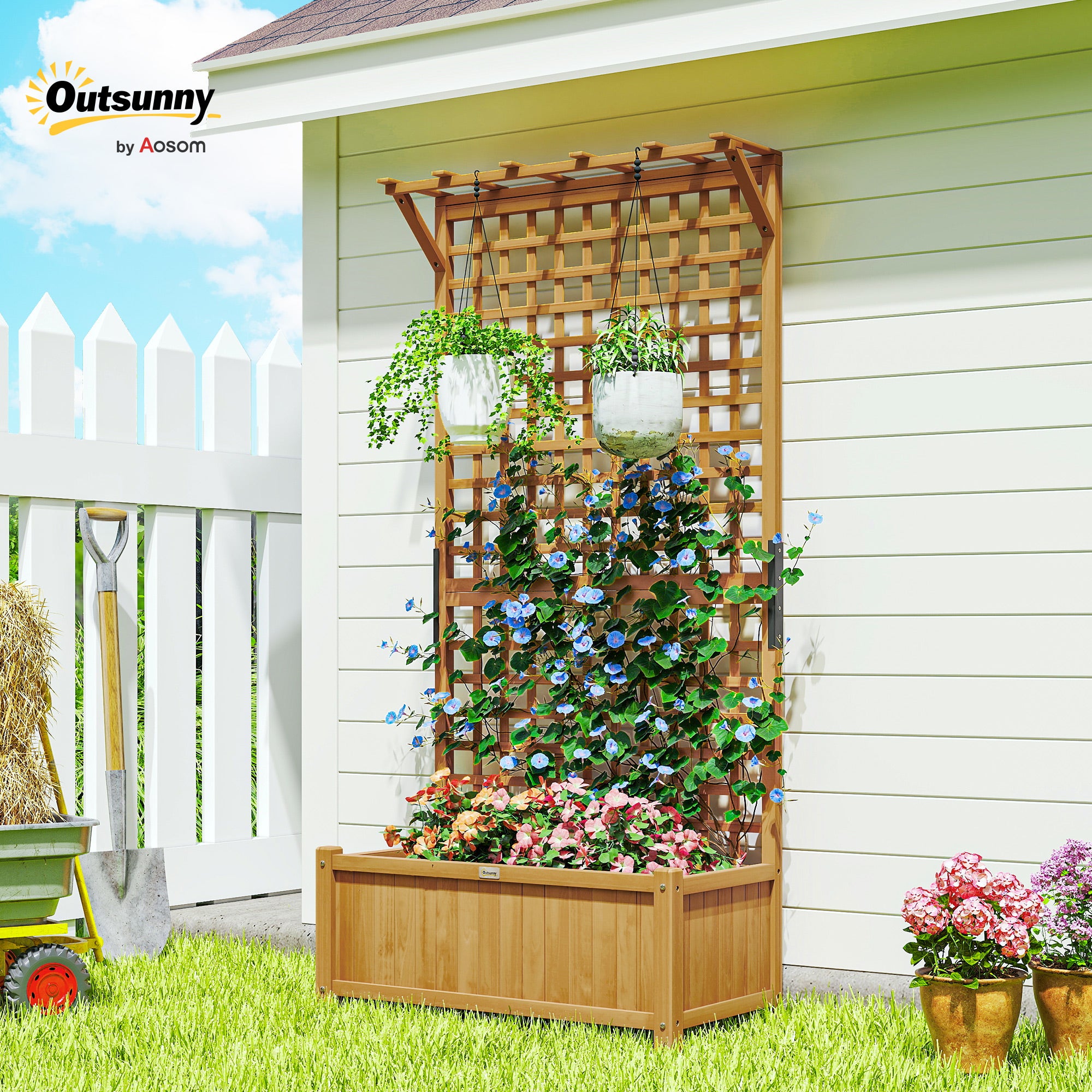Wood Planter with Trellis for Vine Climbing, Raised Garden Bed, Privacy Screen for Backyard, Patio