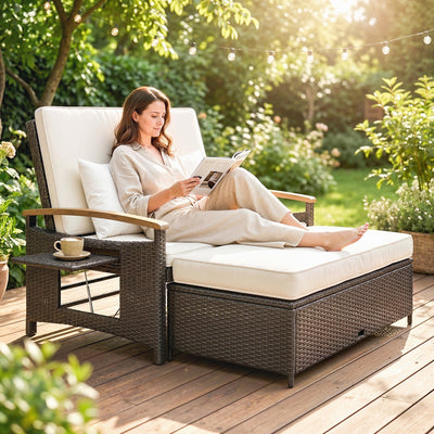Rattan Outdoor Daybed w/4-Level Adjustable Backrest, Patio Sofa Bed w/Storage Ottoman, Acacia Wood Armrest