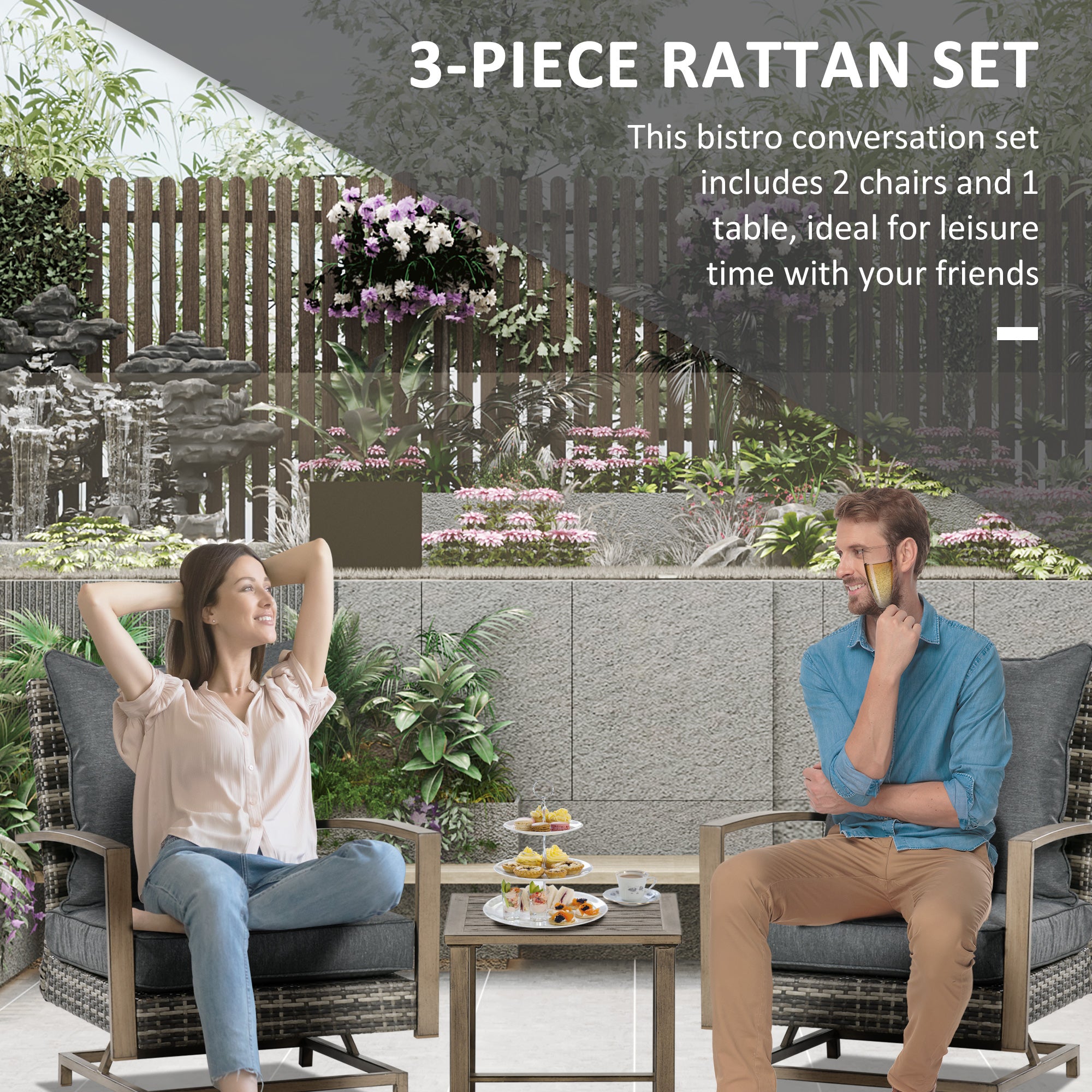 Patio Bistro Set, Porch Furniture with Soft Cushions and Rocking Function for Yard, Lawn, Porch, Dark Gray