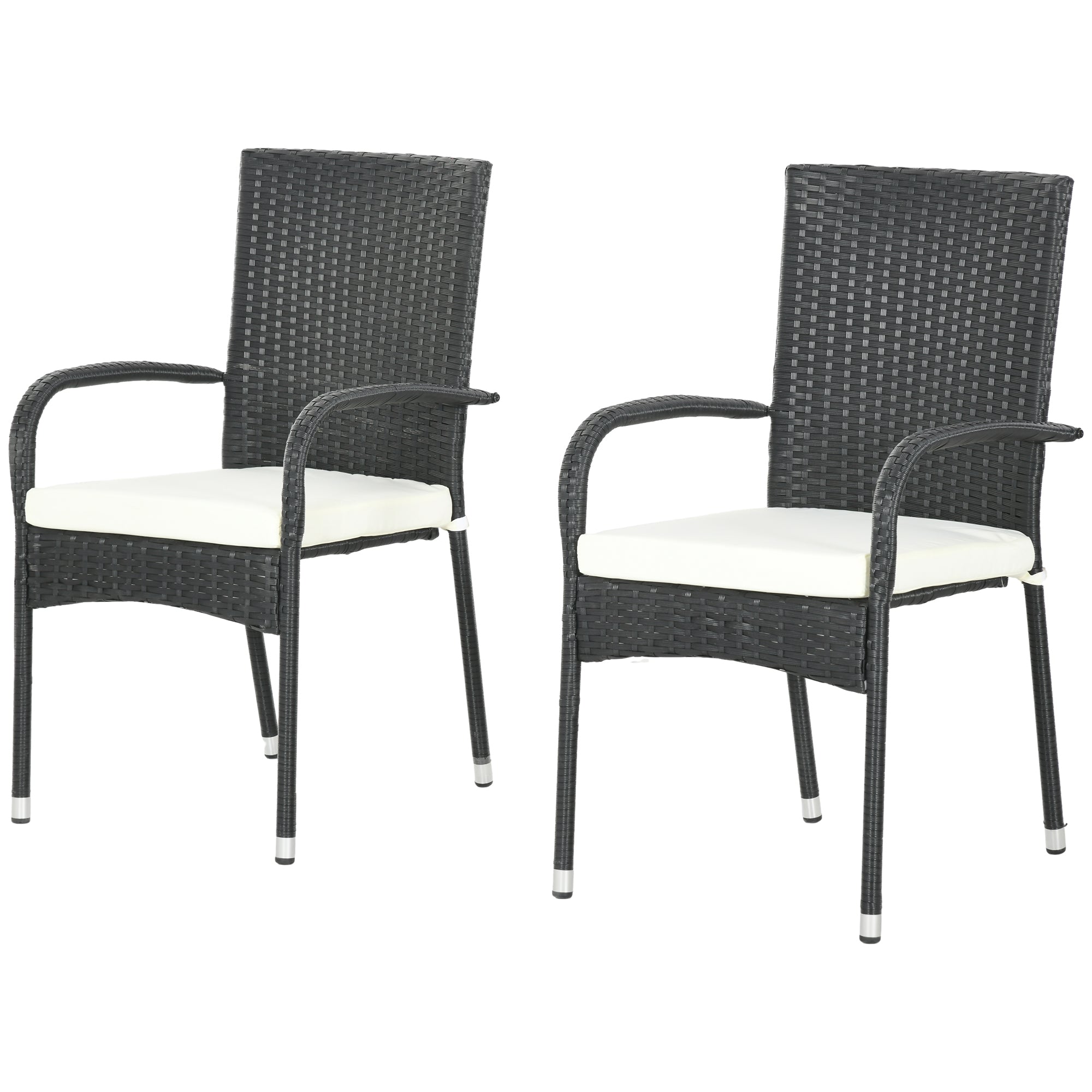 Stackable PE Rattan Outdoor Dining Chairs with Cushion, Patio Wicker Dining Chair with Armrests & Backrest