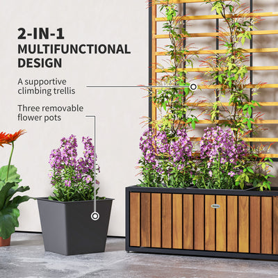 Wooden Raised Garden Bed with Trellis, Removable Pots for Backyard, Patio, Balcony, 29" x 11" x 52"