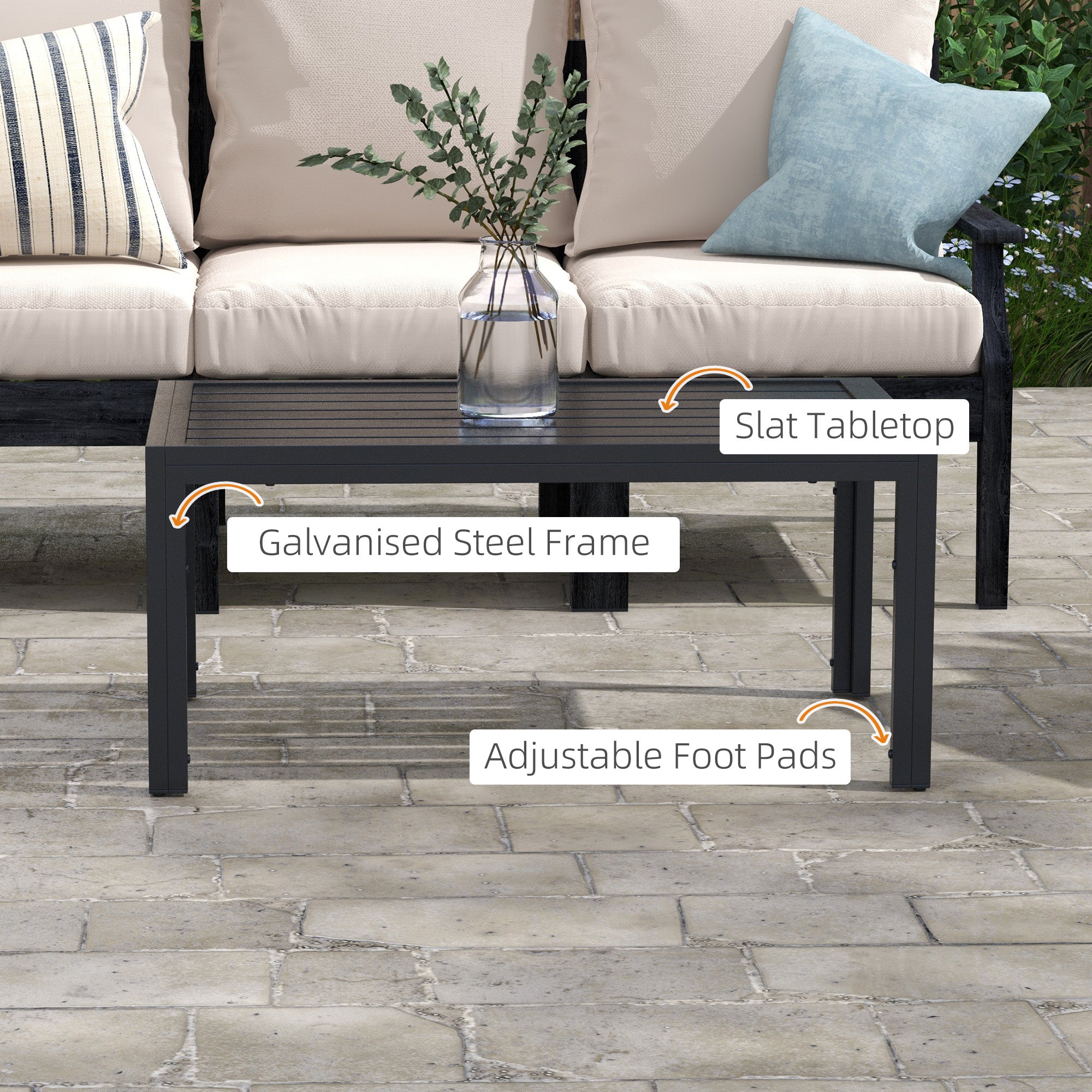 Outdoor Coffee Table, Rectangular Patio Side Table with Steel Frame and Slat Tabletop for Garden, Balcony, Black