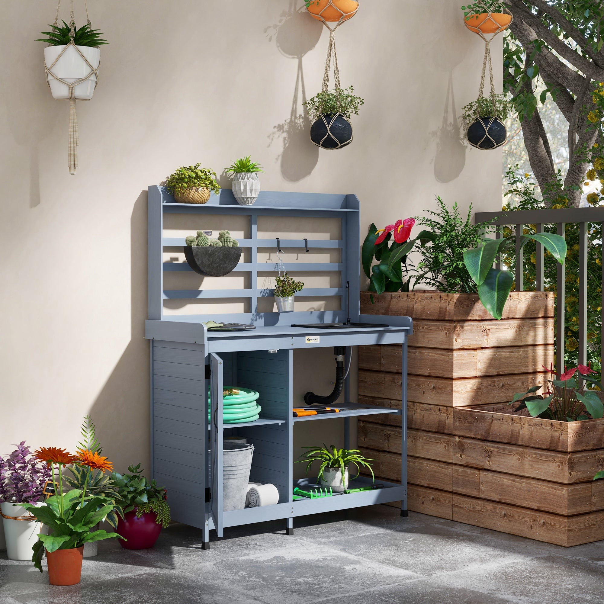 Wooden Potting Bench with Storage, Sink, Water Tap for Backyard, Patio, Balcony