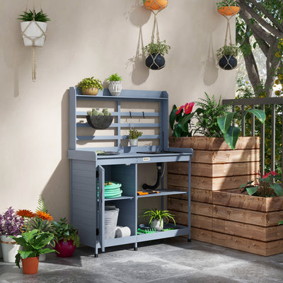 Wooden Potting Bench with Storage, Sink, Water Tap for Backyard, Patio, Balcony