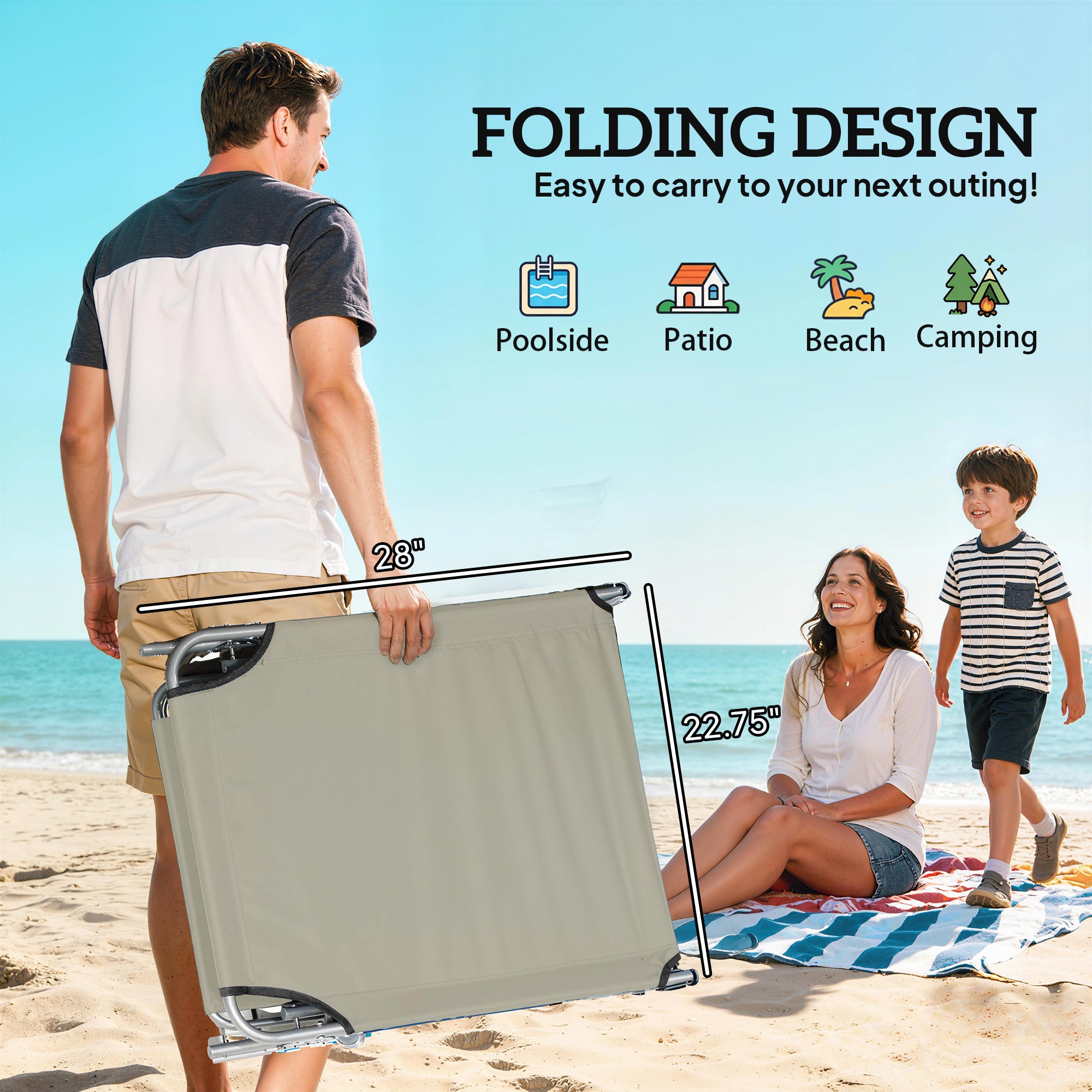 Outdoor Pool Chaise Lounge Chair, Folding Tanning Chair with Sun Shade