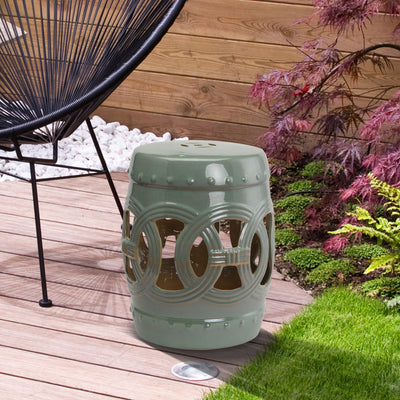 14" x 17" Ceramic Garden Stool with Double-Coin Knotted Ring Design & Strong Glazed Material, Decorative End Table, Home Collection