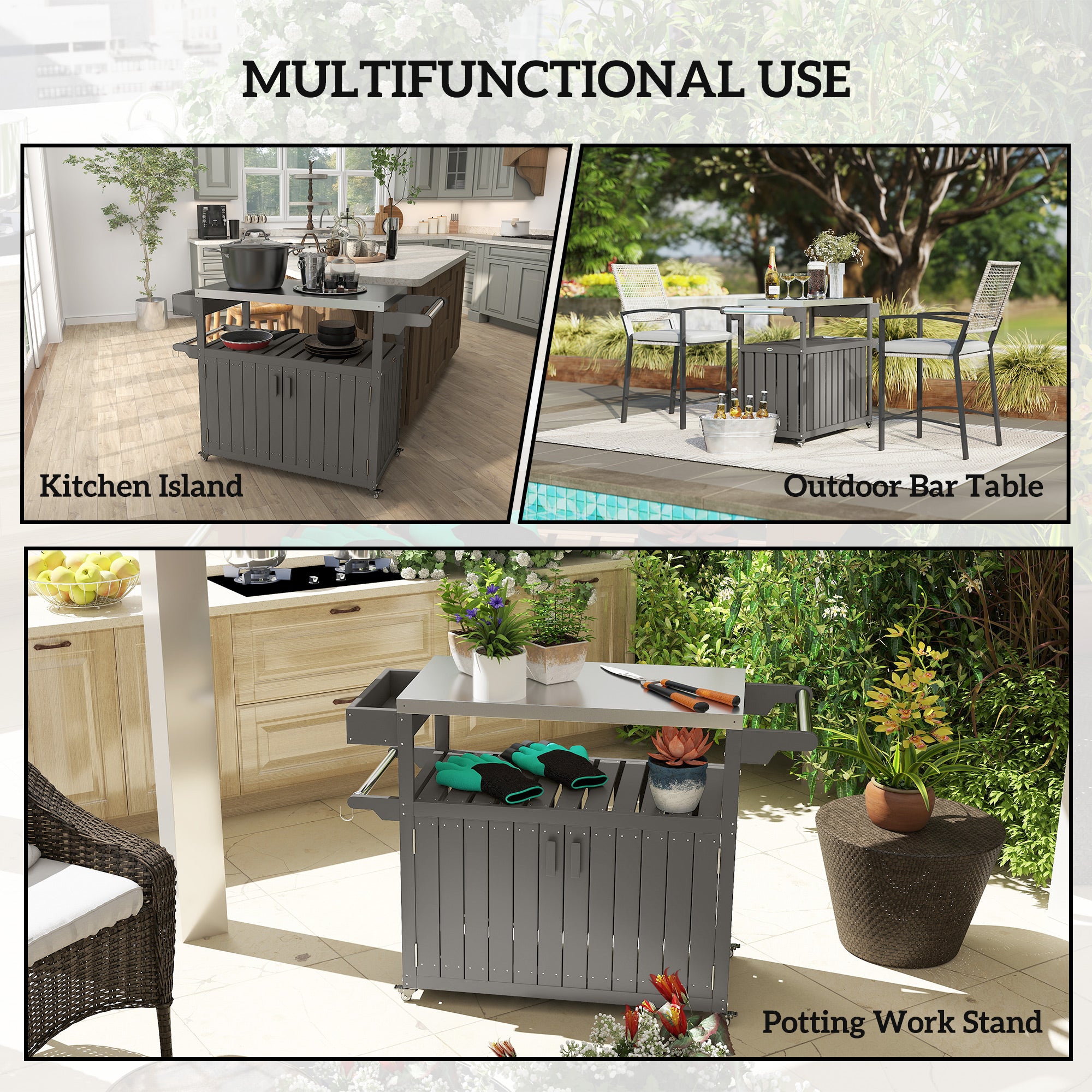 Outdoor Bar Cart with Storage, Stainless Steel Outdoor Bar Table Top, Wheeled HDPE Kitchen Island for Food Prep