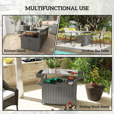 Outdoor Bar Cart with Storage, Stainless Steel Outdoor Bar Table Top, Wheeled HDPE Kitchen Island for Food Prep