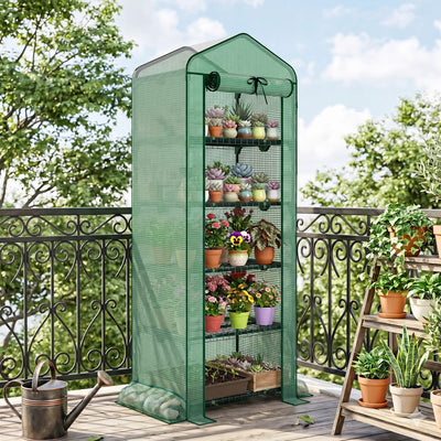 Mini Greenhouse with Screen Roof, 5 Tier Portable Small Greenhouse with High Strength PE Cover