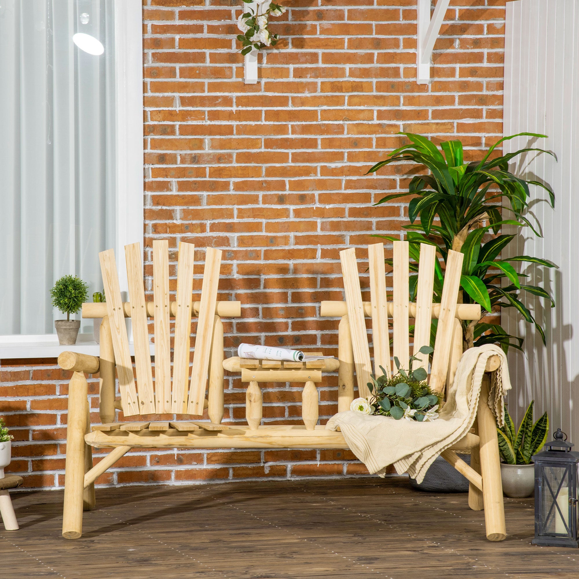 2-Seat Wooden Adirondack Chair, Patio Bench with Table, Outdoor Loveseat Fire Pit Chair for Porch, Backyard, Deck