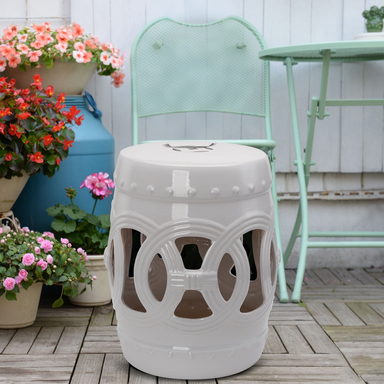 14" x 17" Ceramic Garden Stool with Double-Coin Knotted Ring Design & Strong Glazed Material, Decorative End Table, Home Collection