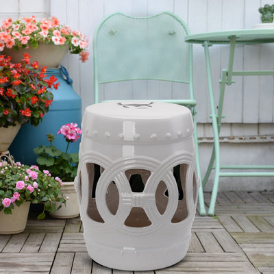 14" x 17" Ceramic Garden Stool with Double-Coin Knotted Ring Design & Strong Glazed Material, Decorative End Table, Home Collection