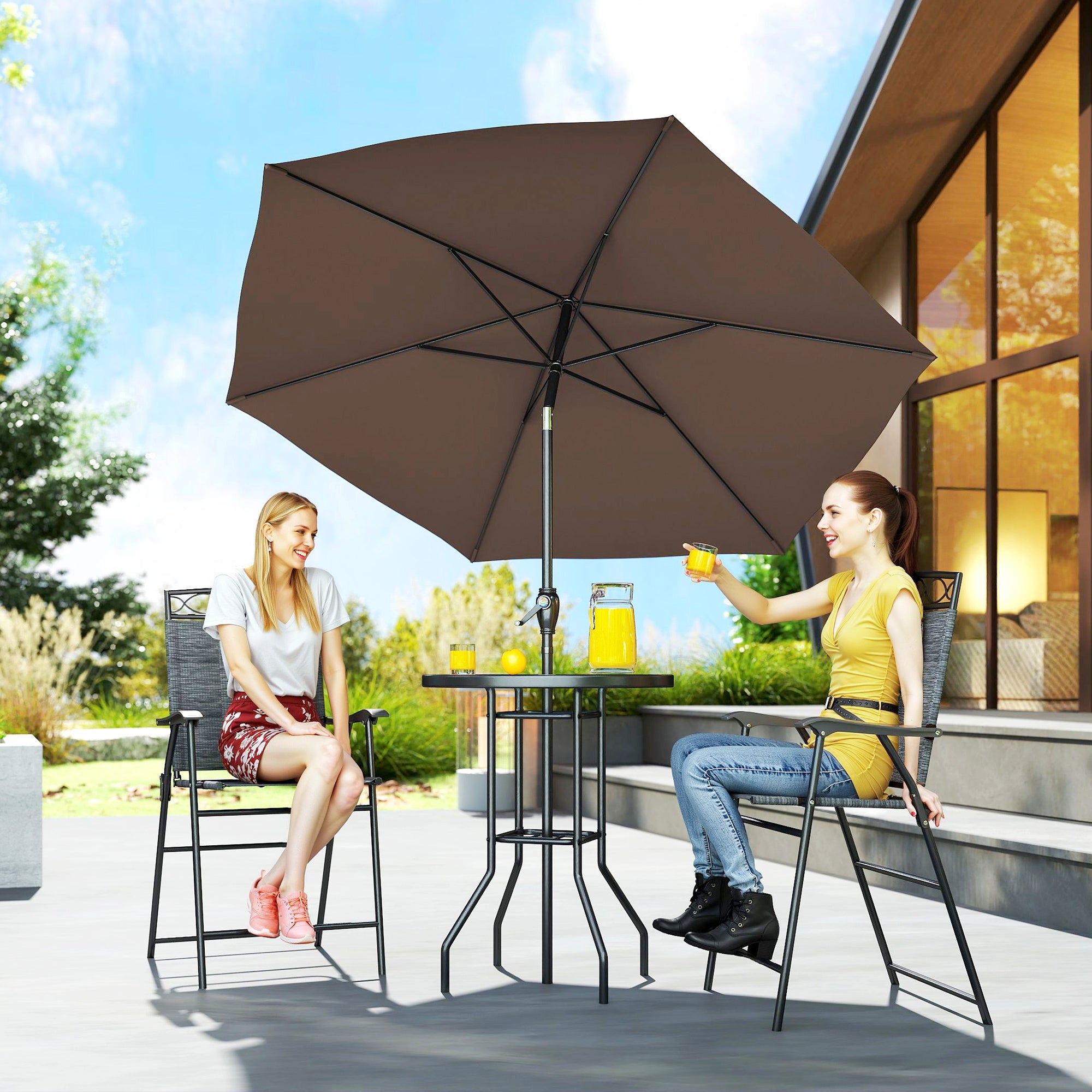 4 Piece Outdoor Bar Set with Umbrella, Patio Dining Set with 2 Folding Chairs, Wave Textured Tempered Glass Table for Backyard, Garden, Deck, Poolside