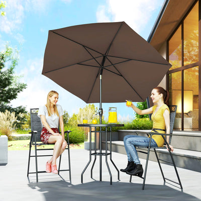 4 Piece Outdoor Bar Set with Umbrella, Patio Dining Set with 2 Folding Chairs, Wave Textured Tempered Glass Table for Backyard, Garden, Deck, Poolside