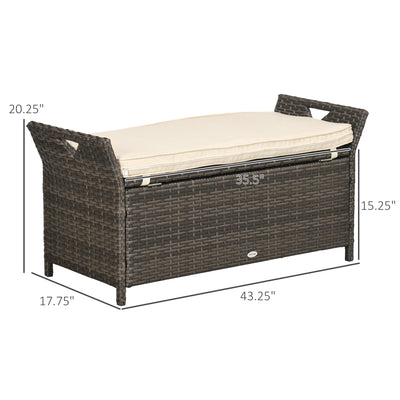 29 Gallon Patio Wicker Storage Bench, Outdoor PE Rattan Furniture, 2-In-1 Large Capacity Rectangle Garden Storage Box with Handles and Cushion