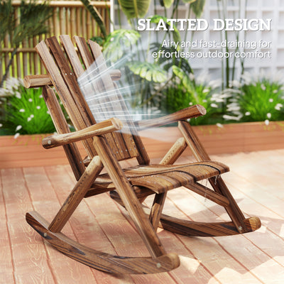 Outdoor Wooden Rocking Chair, Single-Person Adirondack Rocking Patio Chair with Rustic High Back, Slatted Seat and Backrest for Indoor, Backyard, Garden, Carbonized