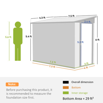 4' x 7.7' Lean to Garden Storage Shed, Outdoor Metal Tool House with Lockable Door Vents for Backyard Patio Lawn