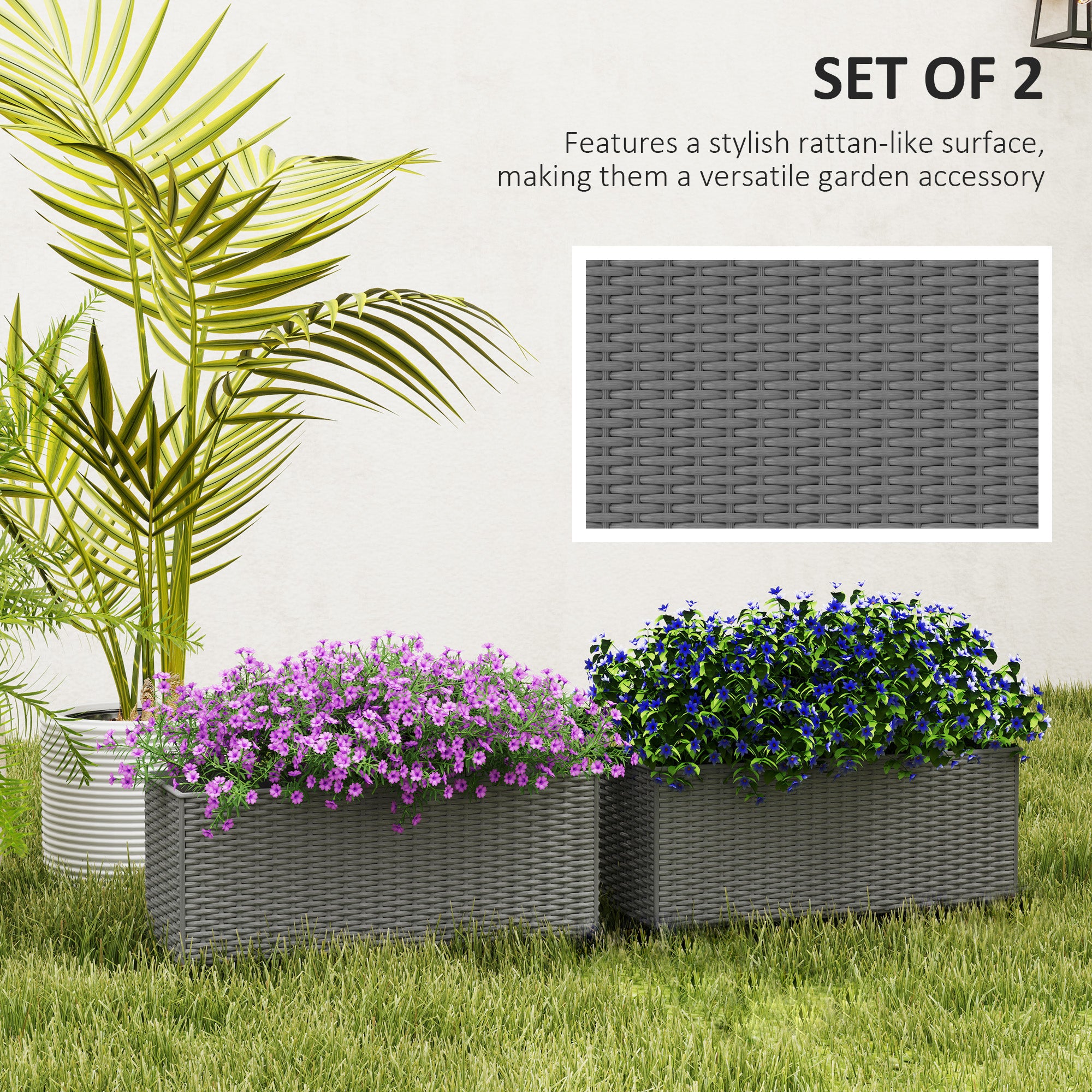 2 Pack 20 Inch Railing Flower Pots, Hanging Flower Pots with Hooks, Drainage Holes for Fence, Rattan Look, Gray