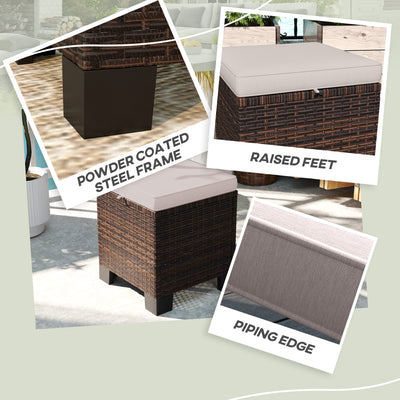 2 Piece Wicker Outdoor Ottomans with Cushions, Rattan Ottoman Footrest and Side Table for Patio, Yard, Poolside