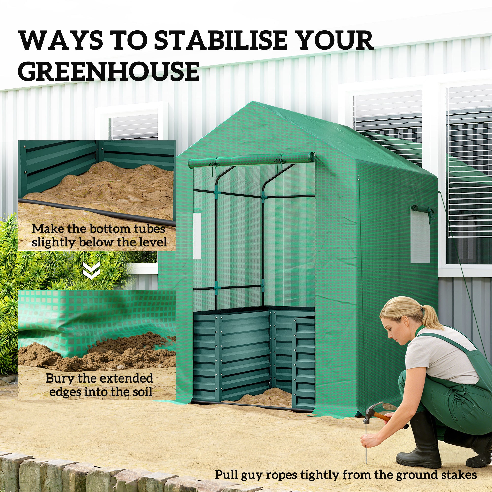 Greenhouse with Raised Garden Bed, Galvanized Steel Outdoor Greenhouse with Roll Up Door, 56" x 56" x 75"