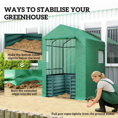 Greenhouse with Raised Garden Bed, Galvanized Steel Outdoor Greenhouse with Roll Up Door, 56" x 56" x 75"