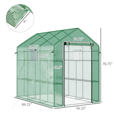 7' x 5' x 6' Walk-in Greenhouse for Outdoors with Mesh Door and Windows, 18 Shelf Hot House with Trellis, Plant Labels, UV Protective for Growing Flowers, Herbs, Vegetables, Saplings, Green