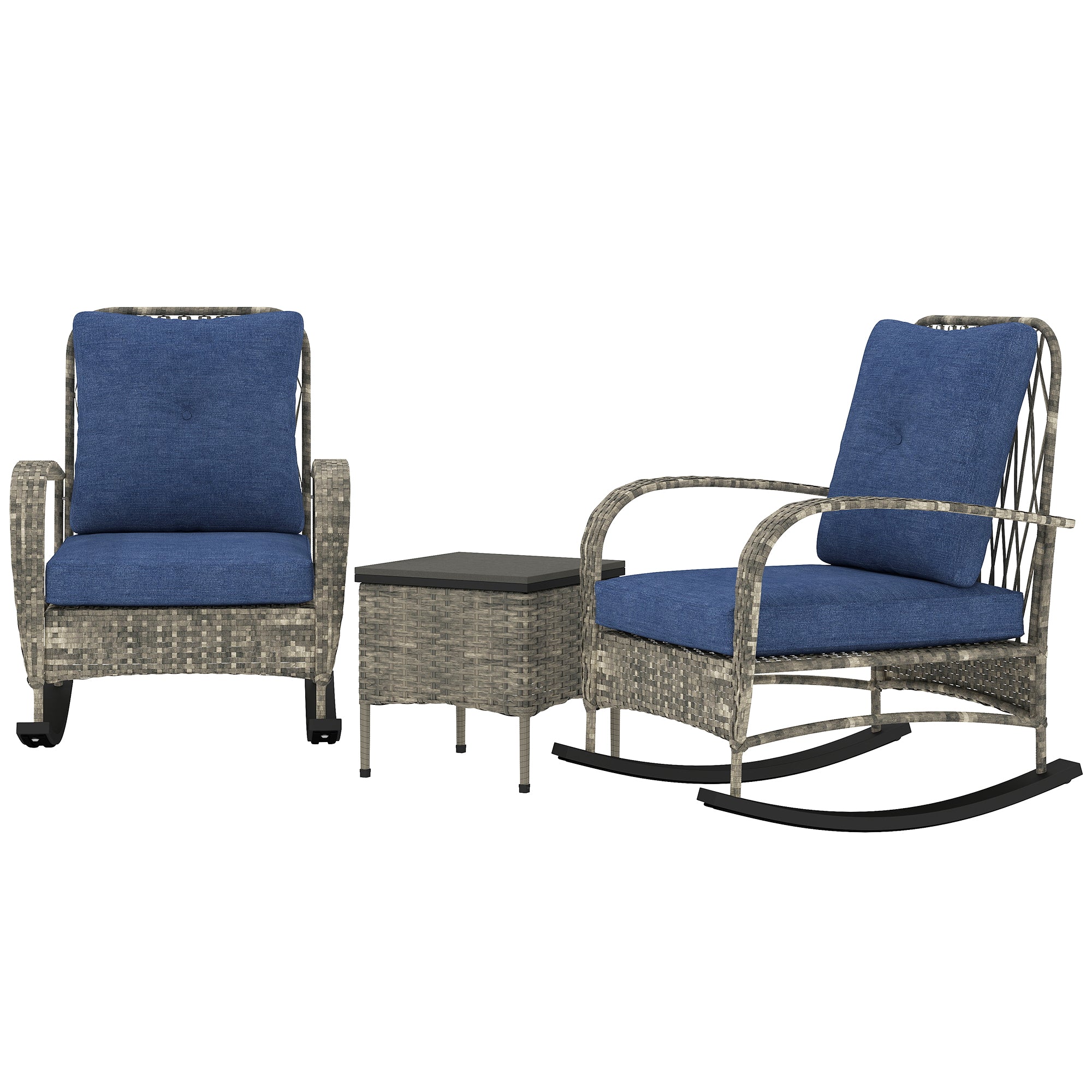 3 Piece Wicker Patio Furniture Set, Outdoor PE Rattan Rocking Chairs with Coffee Table, Cushions for Porch
