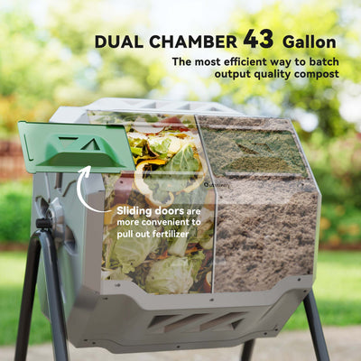 Tumbling Compost Bin Outdoor 360° Dual Chamber Rotating Composter 43 Gallon