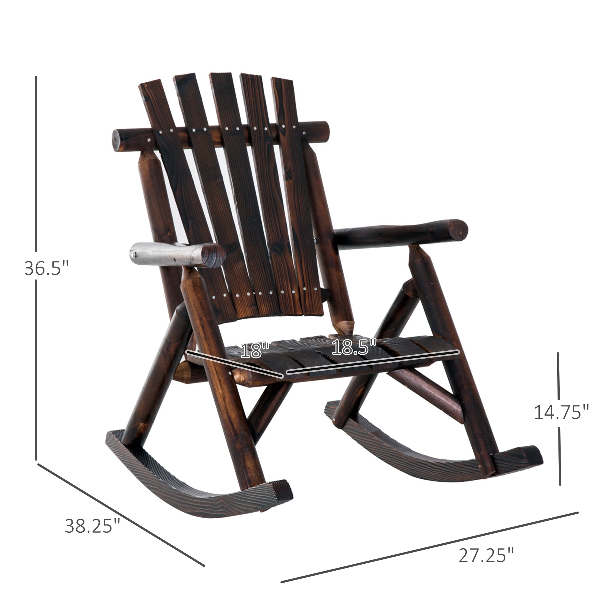 Outdoor Wooden Rocking Chair, Single-Person Rustic Adirondack Rocker with Slatted Seat, High Backrest, Armrests for Patio, Garden and Porch