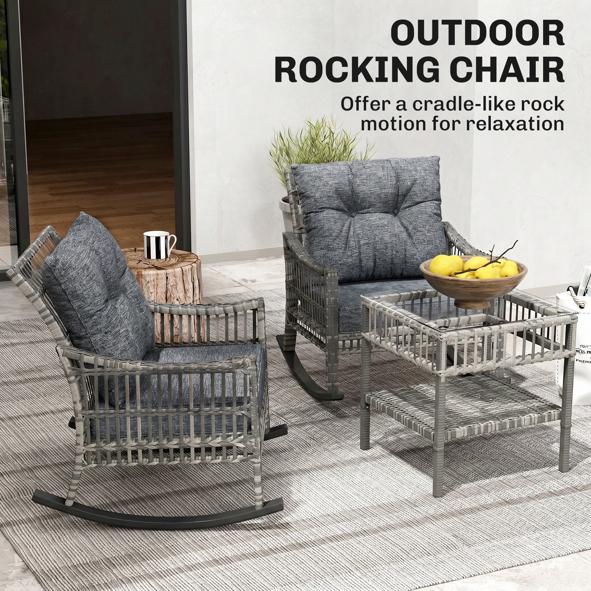 3 Piece Outdoor PE Rattan Rocker Chair Set, Rocking Chair with Tempered Glass Table Top