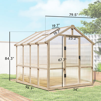6.6 x 8 ft. Polycarbonate Greenhouse Wooden Walk-in Greenhouse Kit with Thickened Panels, Roof Vent, and Lockable Door