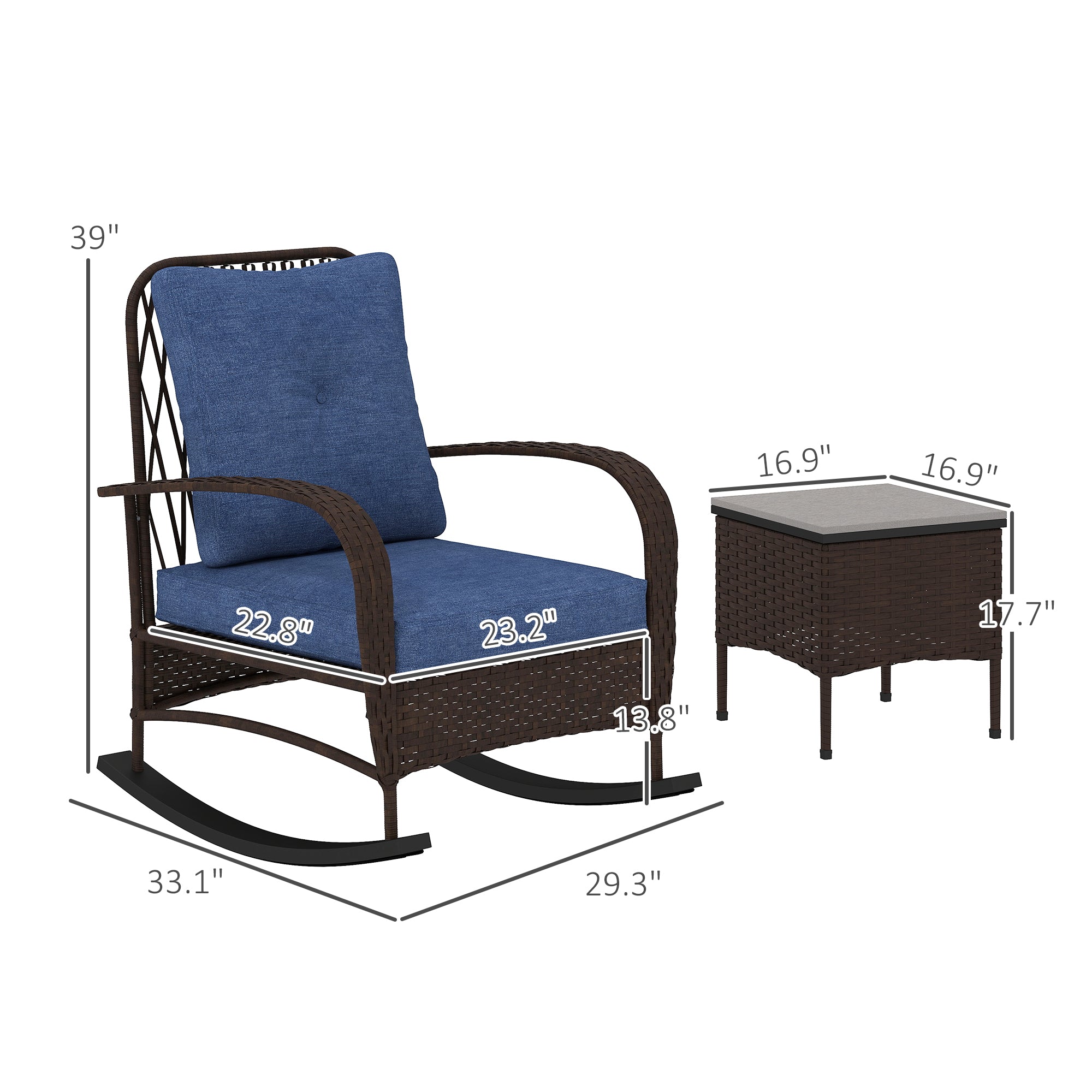 3 Piece Wicker Patio Furniture Set, Outdoor PE Rattan Rocking Chairs with Coffee Table, Cushions for Porch