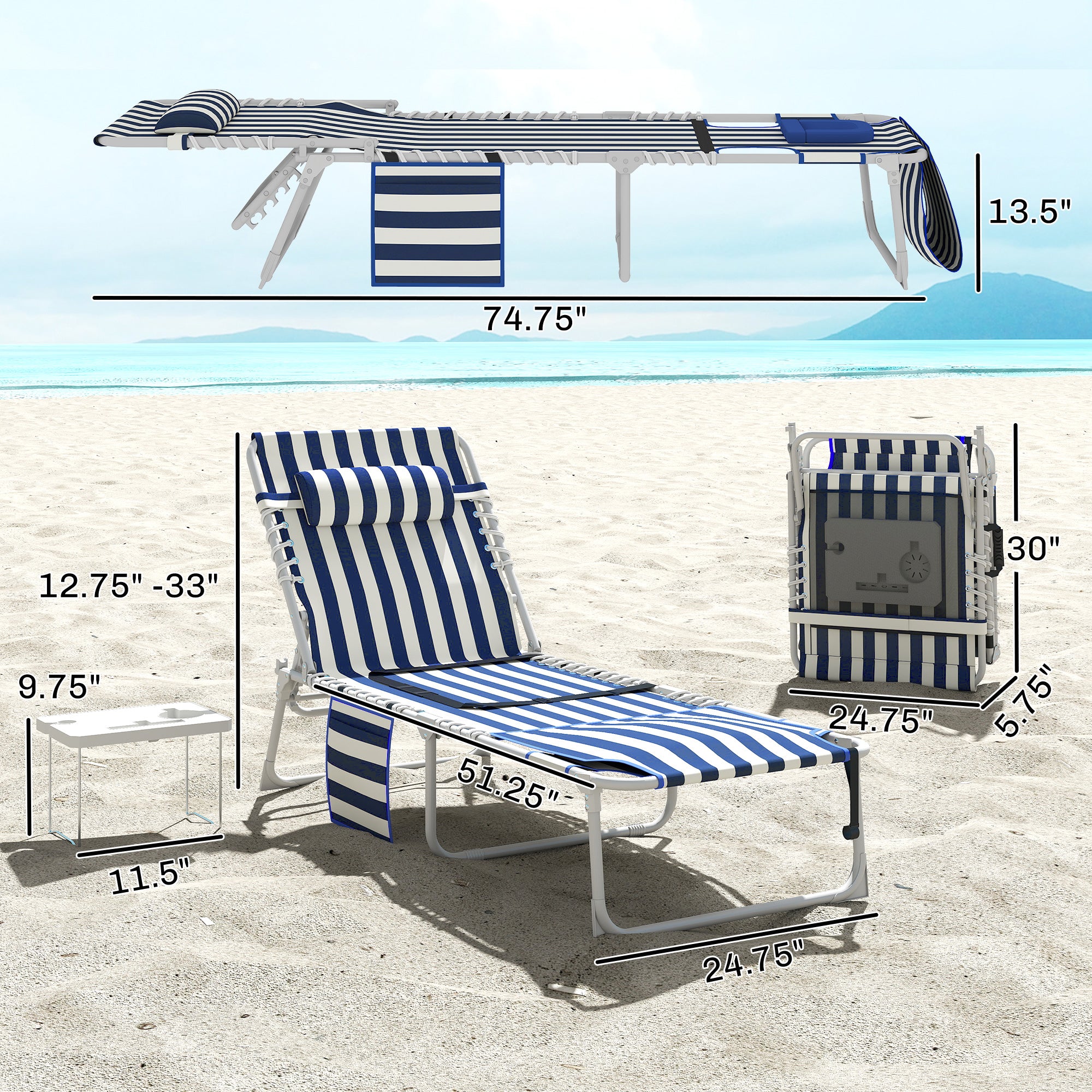 Tanning Chair with Face Hole and Side Table, 5-Position Folding Outdoor Chaise Lounge Chair
