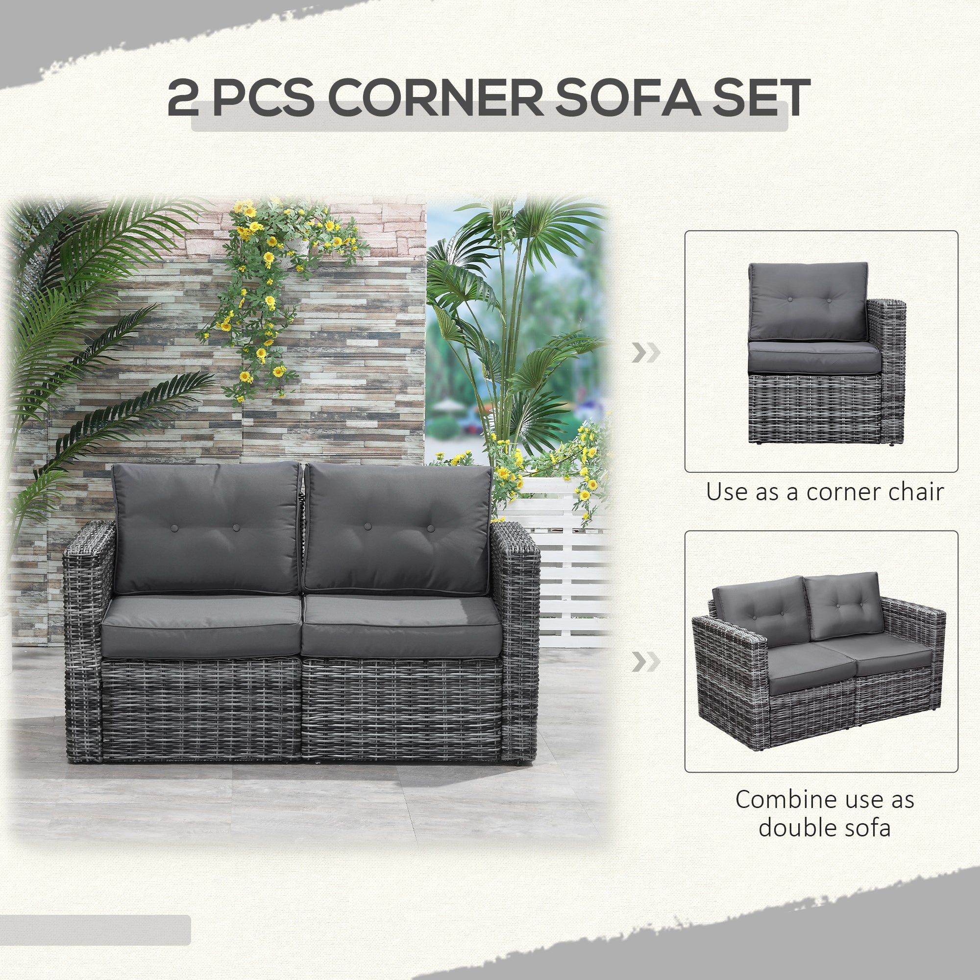 2 Piece Patio Wicker Corner Sofa Set, Outdoor PE Rattan Furniture, with Curved Armrests and Padded Cushions for Balcony, Garden, or Lawn