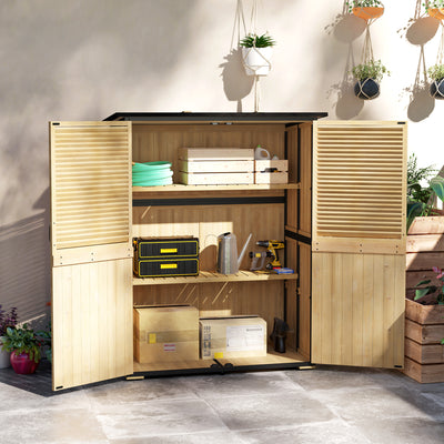 Wood Storage Shed, Outdoor Garden Shed with Asphalt Roof, 2 Shelves, Lockable Doors and Adjustable Feet