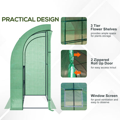 7' x 3' x 7' Lean to Greenhouse, Walk-In Green House, Plant Nursery with 2 Roll-up Doors and Windows, PE Cover and 3 Wire Shelves, Green