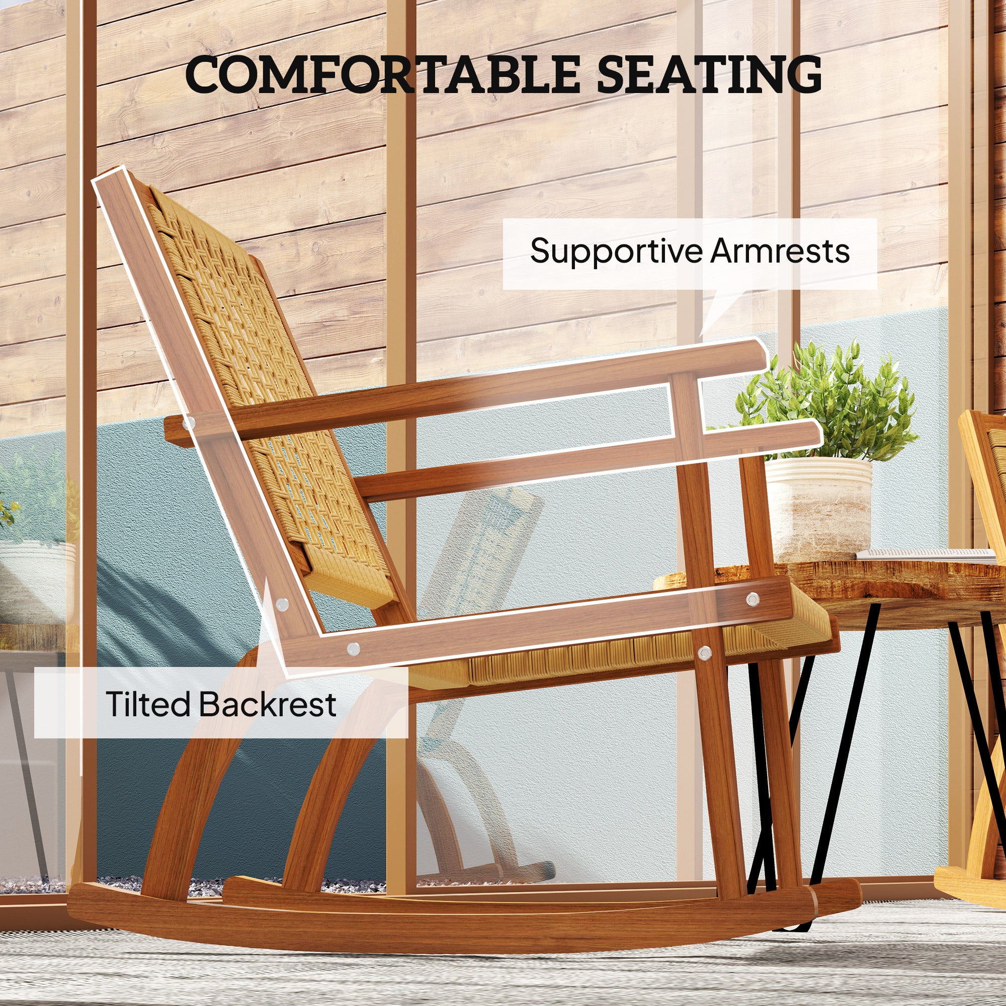 Outdoor Lawn Rocking Chair Set of 2, Acacia Wood Patio Rocking Chairs with Wicker Back and Seat for Garden, Khaki