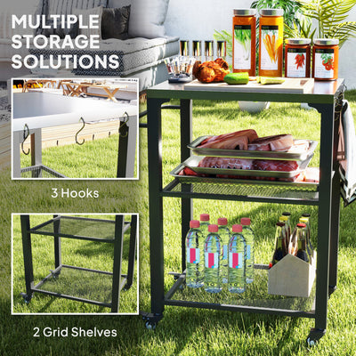 3-Shelf Outdoor Grill Cart with Stainless Steel Tabletop, Movable Pizza Oven Table with Hooks, Side Handle, Wheels